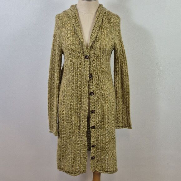 SUNDANCE Olive Loose Knit Mohair Cardigan Hoodie Long Length Petite Medium - Picture 2 of 11